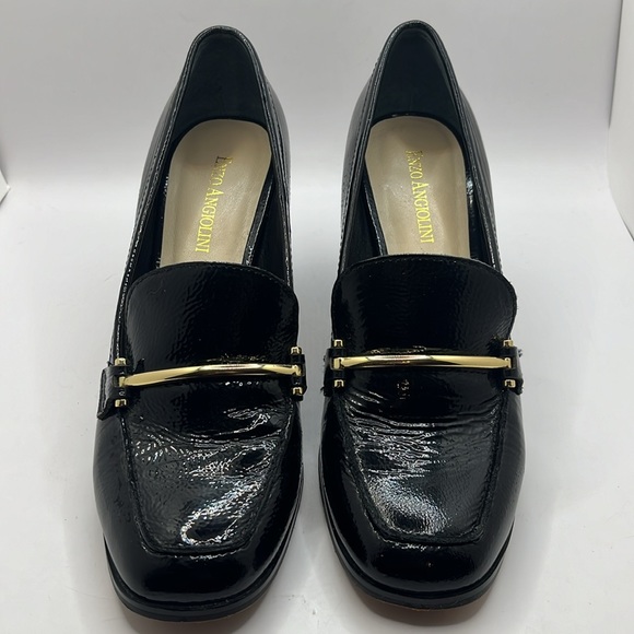 Enzo Anglioni black patent leather block heel loafer pumps gold hardware 7.5 - Picture 2 of 7